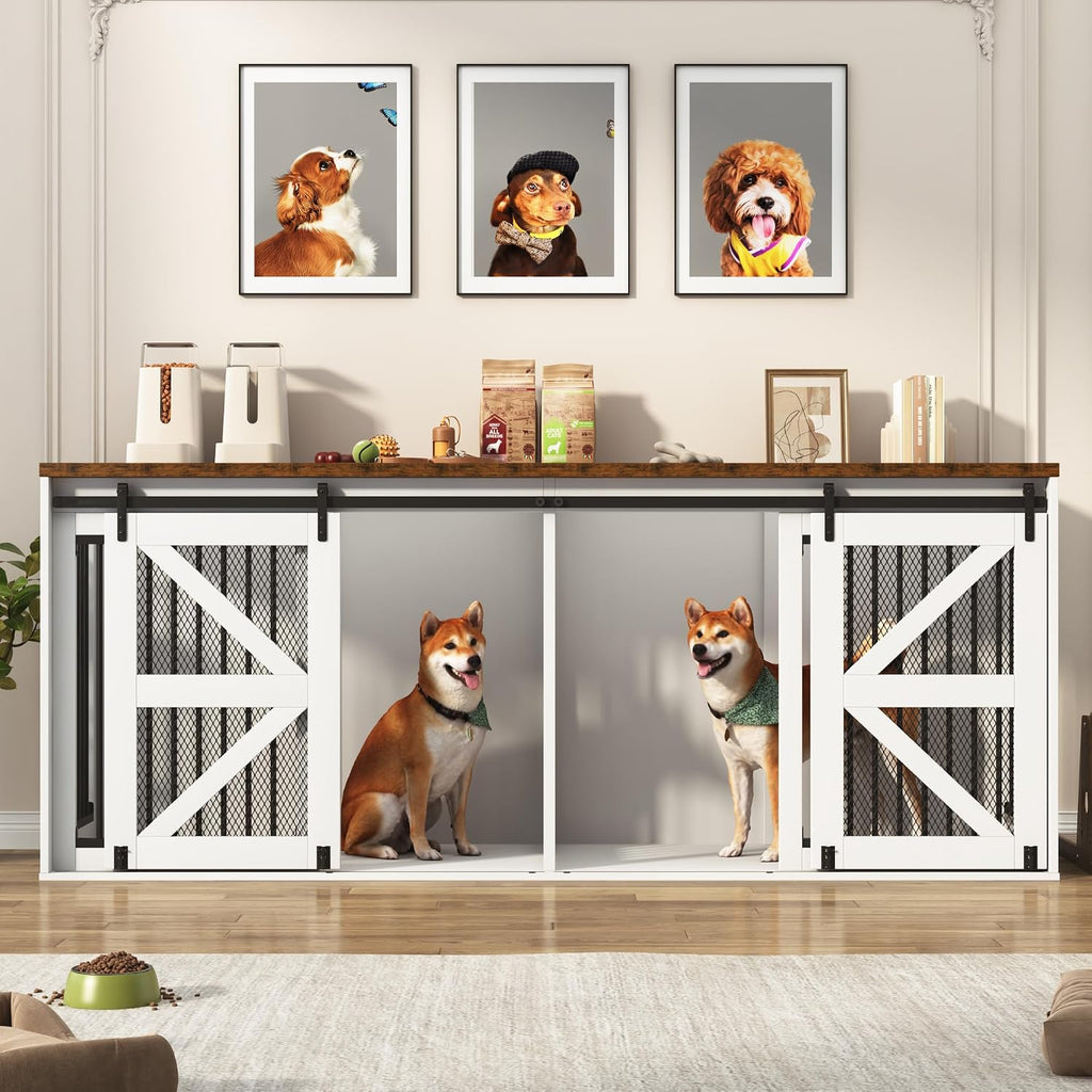 Farmhouse Dog Crate TV Stand, Wooden Dog Kennel Furniture with Sliding Metal Mesh Barn Door, Large Dog Crate