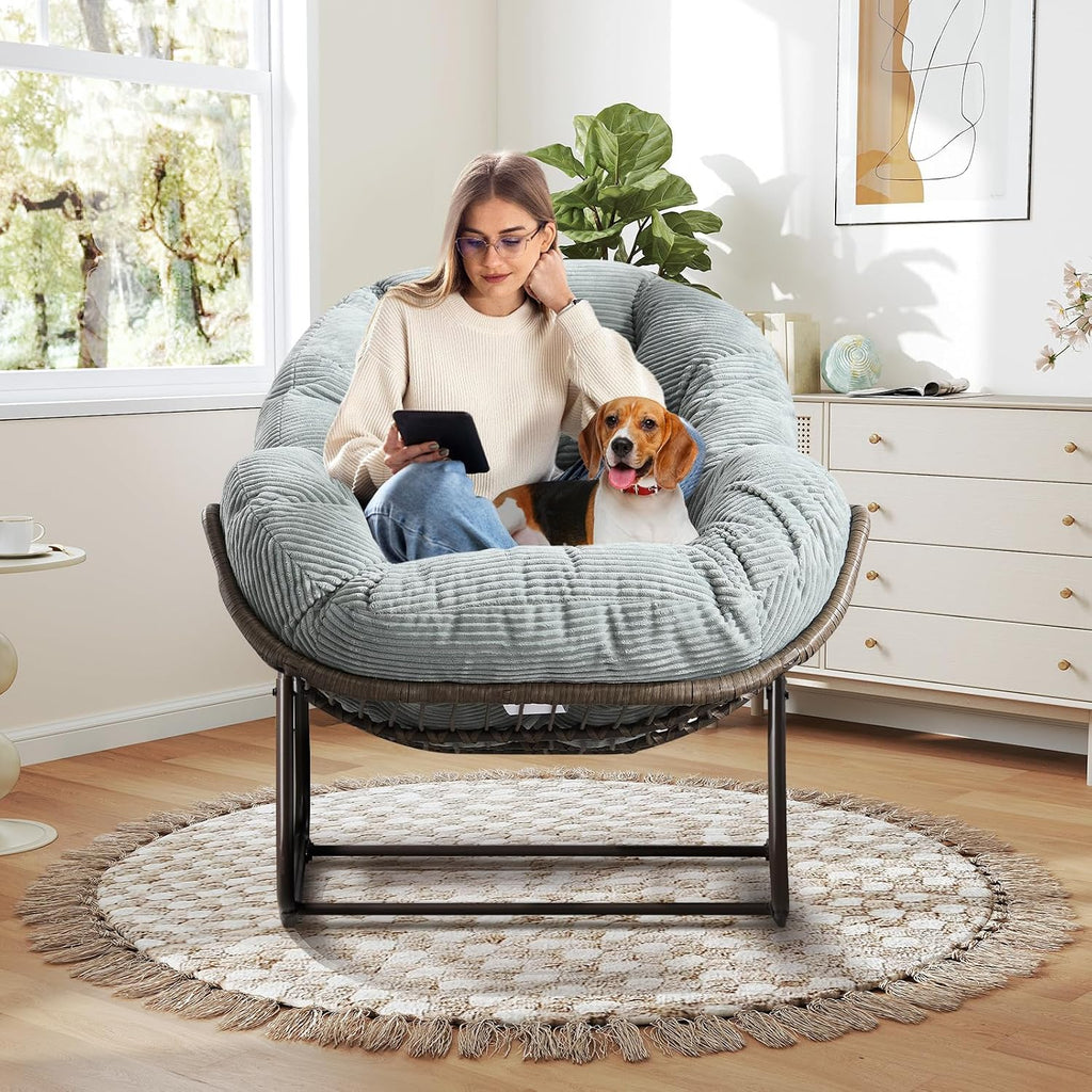 Large Indoor Rocking Chair, Oversized Rocking Papasan Chair with Thick Cushion and Frame,Comfy Corduroy Rocker Wicker