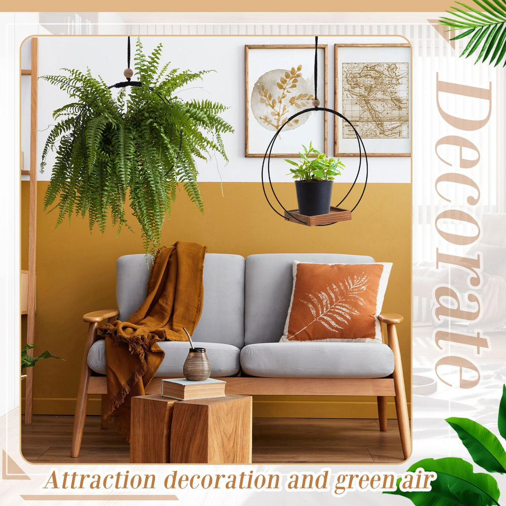 4 Pcs Hanging Plant Holder with Wood Base Window Planter Boho, Brown