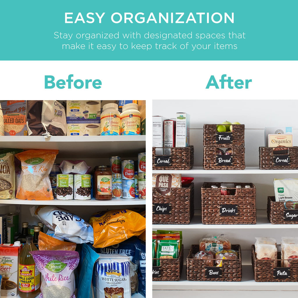 Set of 4 9x12in Water Hyacinth Pantry Baskets, Woven Organizers w/Chalkboard Label, Chalk Marker - Brown