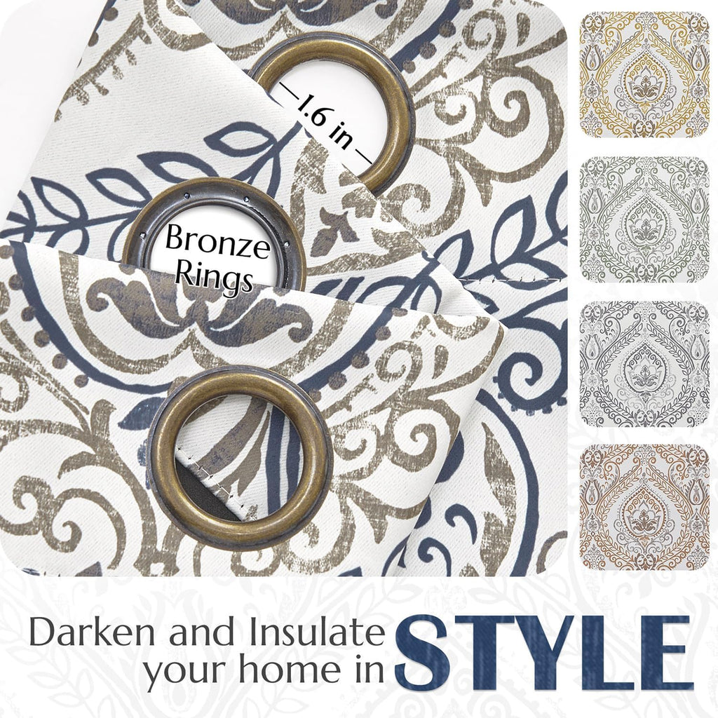 Blackout Curtains 84 Inches Long Blue Damask Medallion Curtain for Bedroom Black Out Drapes Printed Vintage Luxury