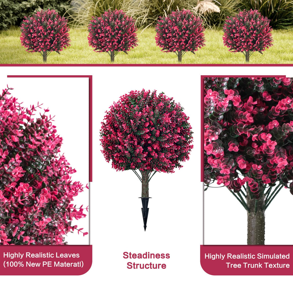 Red Eucalyptus Topiary Ball Tree, Outdoor Faux Evergreen Shrubs with Ground Spike, UV Resistant Fade Proof Fake
