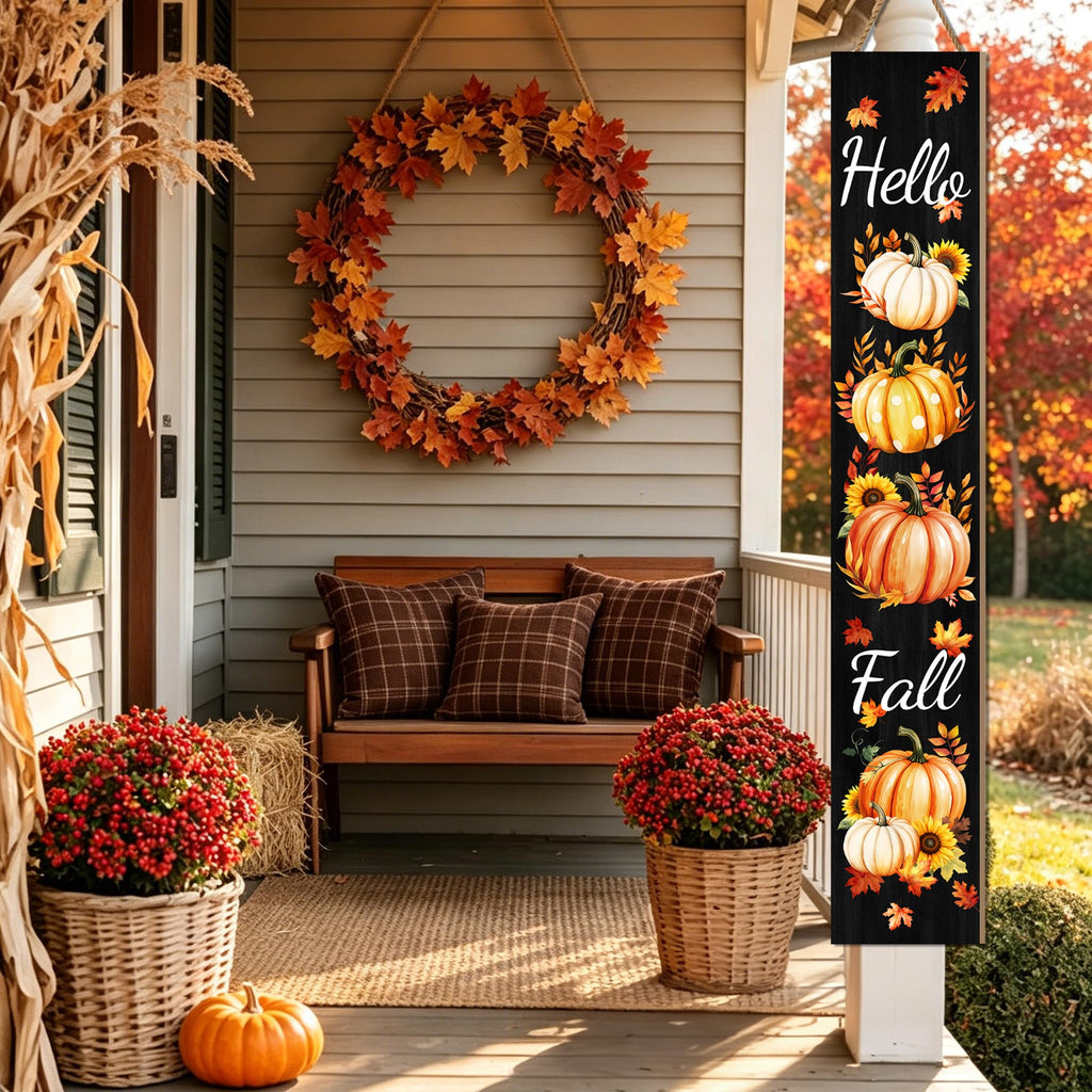Fall Wooden Porch Sign 47" Pumpkins Maple Leaves Front Door Rustic Standing Large Welcome Porch Sign Front Door Yard