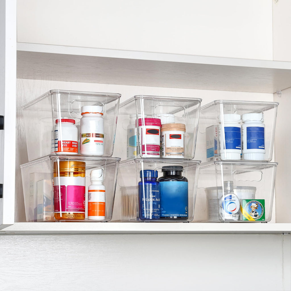 6 Pack Clear Stackable Storage Bins with Lids and Handles, Medium
