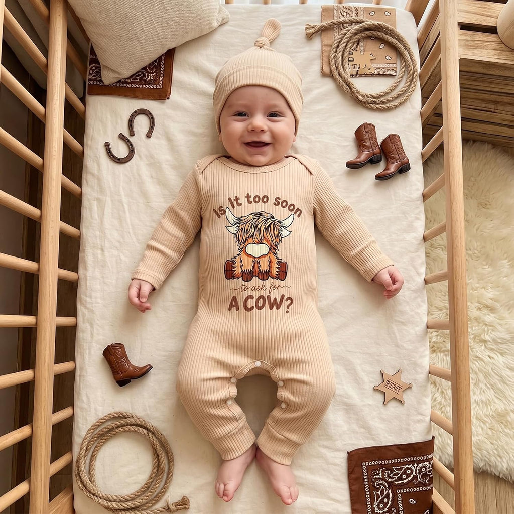Newborn Highland Cow Romper Hat Set Ribbed Long Sleeve Baby Outfit