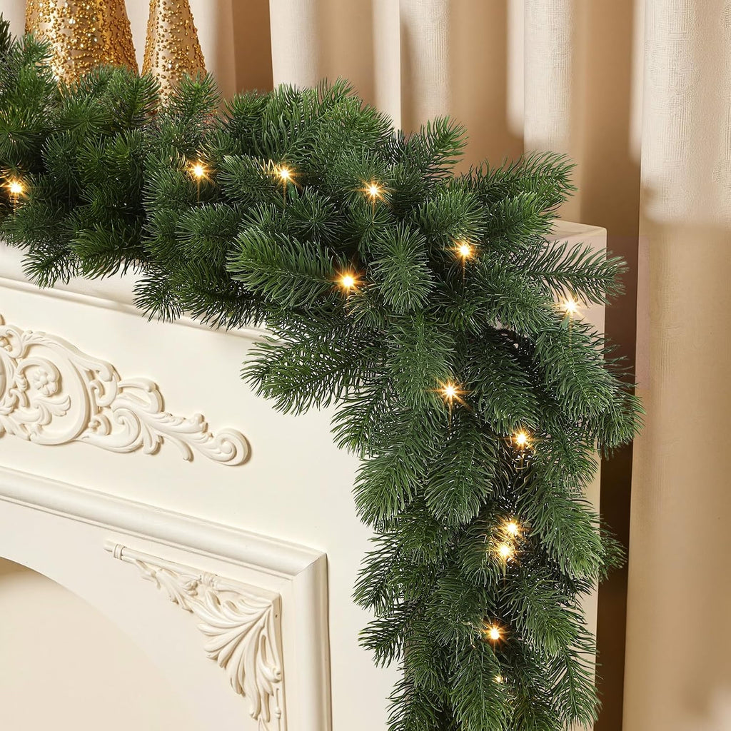 2PCS 9FT Pre-Lit Christmas Garland, Lighted Norfolk Pine Garland