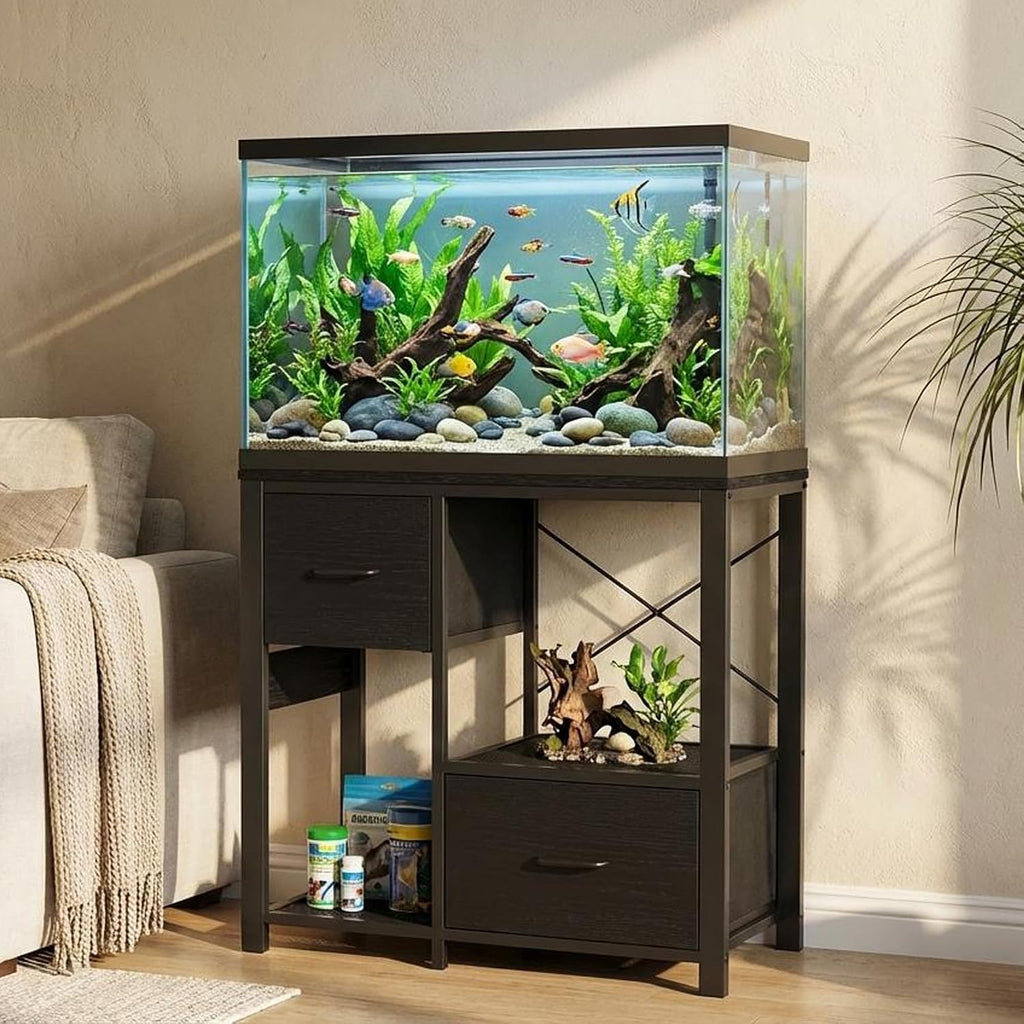 20-29 Gallon Fish Tank Stand with Power Outlets, Heavy Duty Metal and Wood Aquarium Stand with 2 Drawer and Sturdy