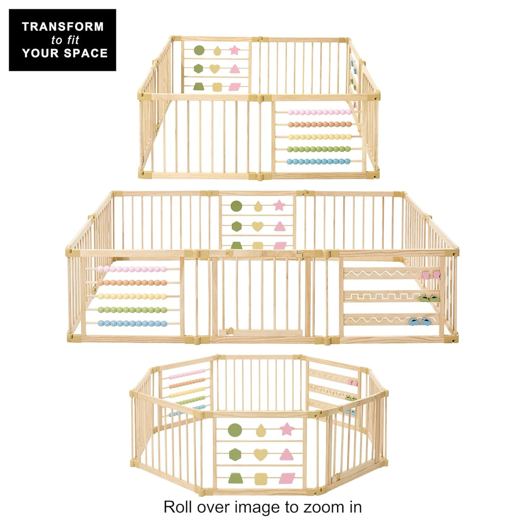 Natural Wood Baby Playpen - 8 or 10 Panel Foldable Play Yard with Door Panel and Built-in Toys, CPC Certified & SGS