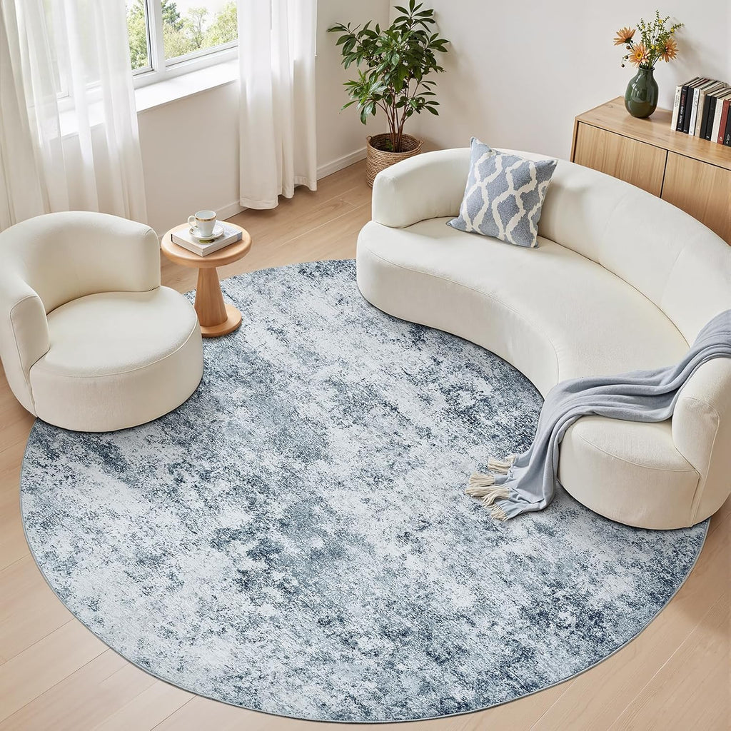 8ft Round Area Rug for Living Room: 8x8 Washable Neutral Modern Abstract Soft Thin Rug Indoor Floor 