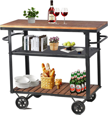 Industrial 3 Tier Rolling Utility Storage Cart Wine Beverage, Metal Wine Rack with Wheels Kitchen Bar Dining Room Tea