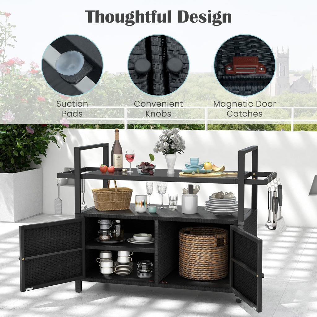 Wicker Rolling Outdoor Bar Cart with Tempered Glass Table, Black