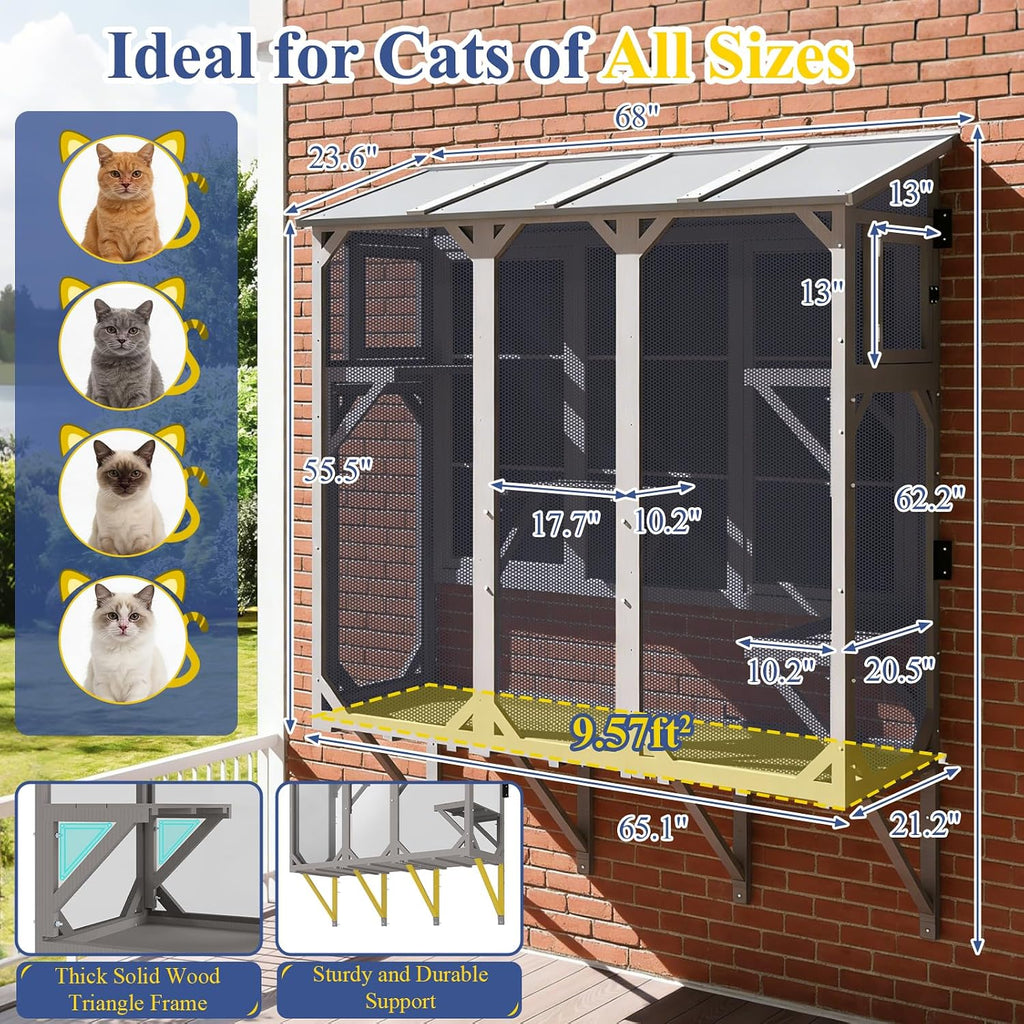 Window Catio for Indoor Cats, Wooden Cat Window Box for Sunbathing & Play