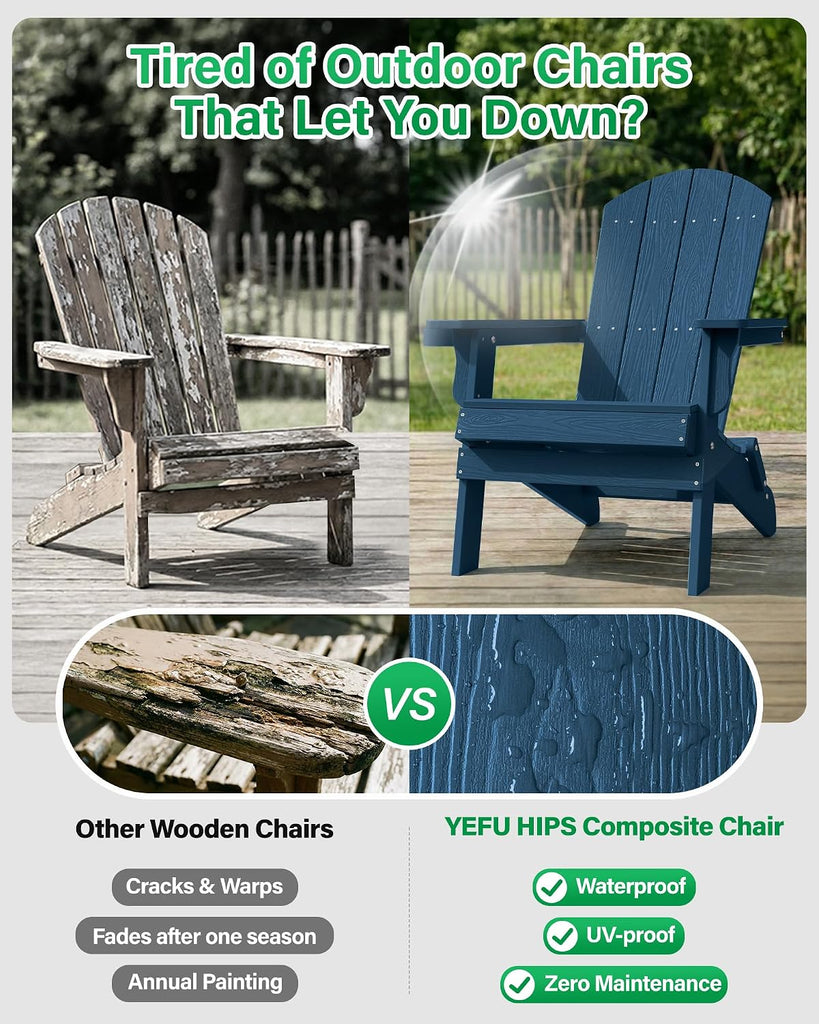 Oversized Plastic Adirondack Chair - Navy Blue | Folding Outdoor Chairs with Cup Holder, Weather Resistant for