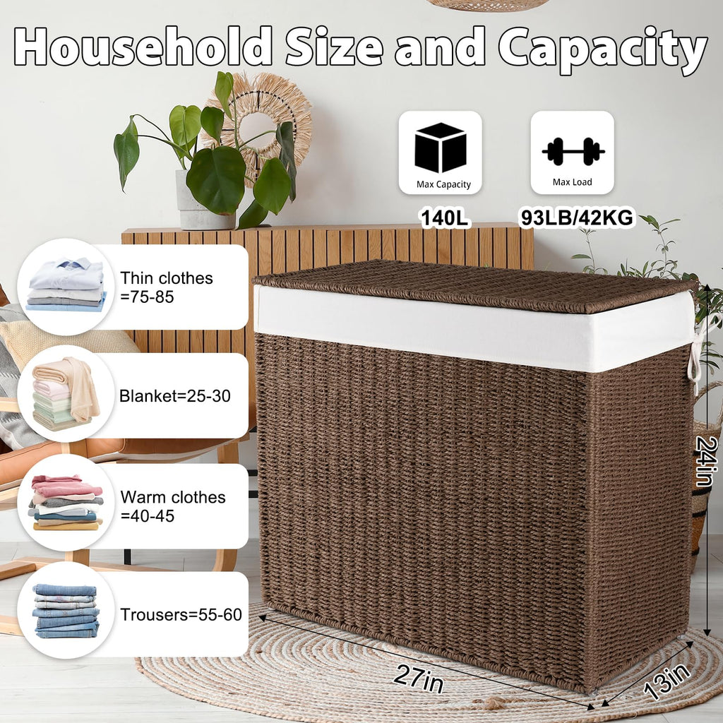Laundry Hamper with Lid, 140L(35.7 Gal) Large Wicker Laundry Basket , Handwoven Paper Rope Clothes Hamper with