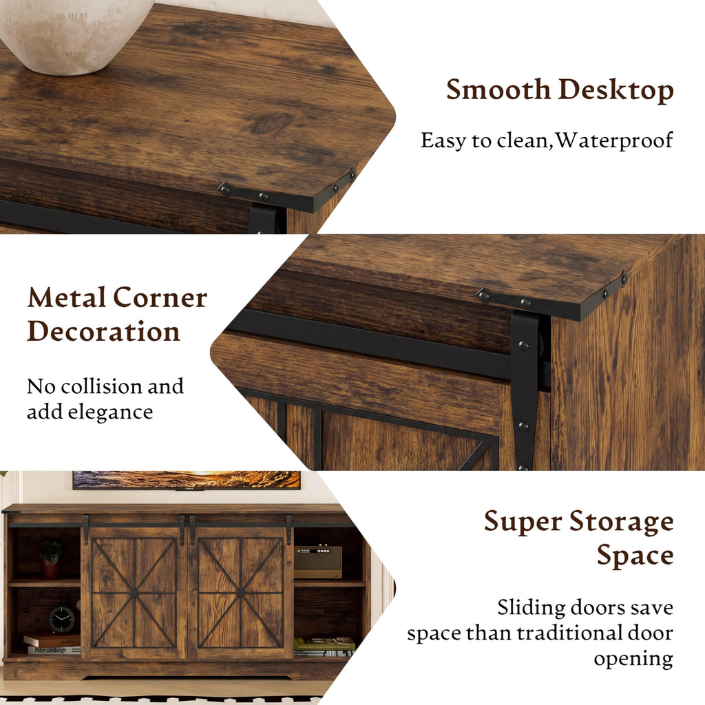 Farmhouse TV Stand for 65 Inch TV with Sliding Barn Doors, Brown