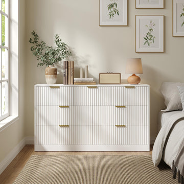 White 7 Drawer Dresser, 55" Wide Fluted Chest of Drawers with Gold Metal Handles, Modern Wood Dresser Closet Storage