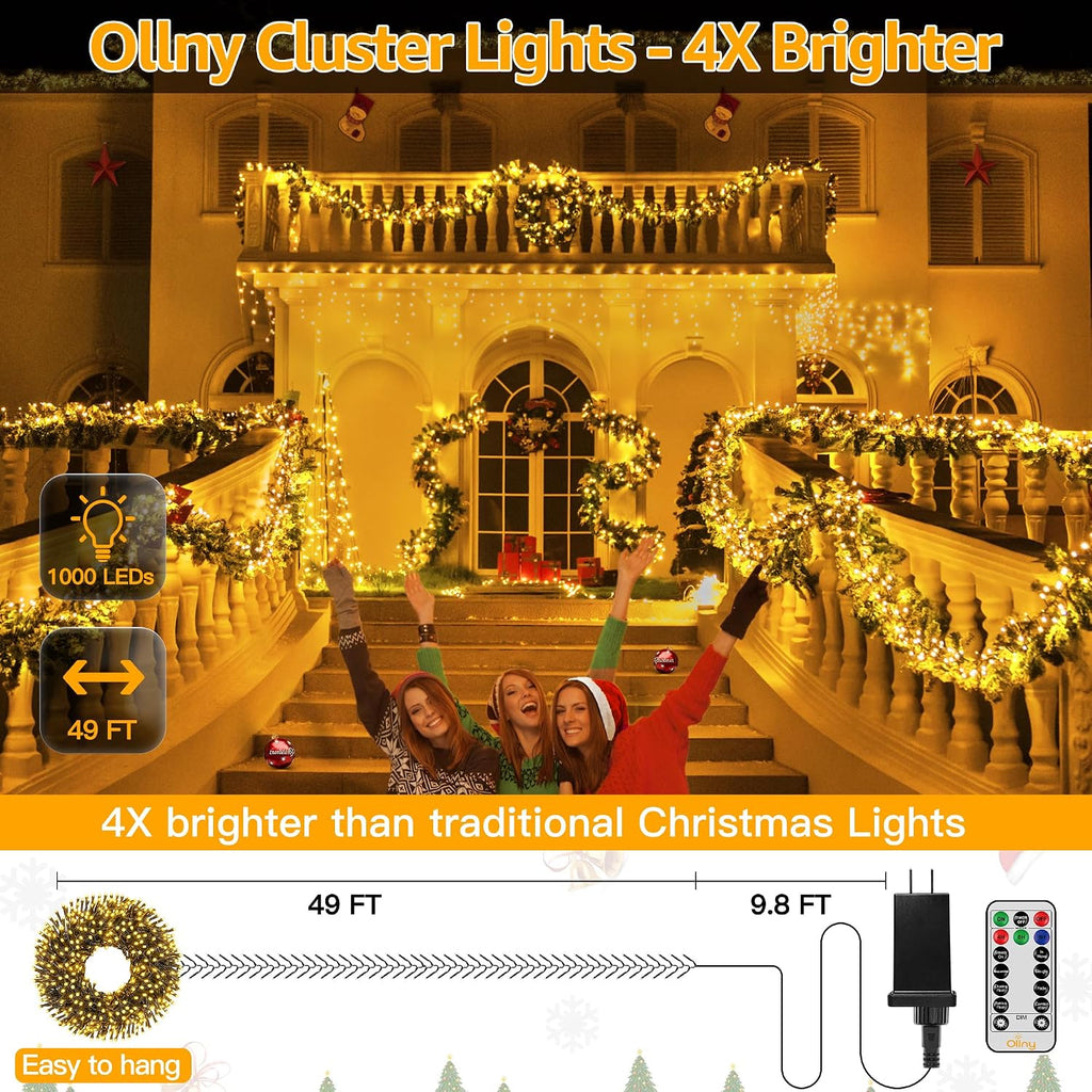 Cluster Lights Christmas 1000LED 49FT, Plug in Tree Light with Remote