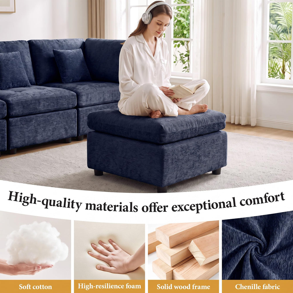 24" Square Modular Ottoman for Sectional Sofa, Tufted Chenille Upholstered Footrest, Cloud Sofa Ottoman, Blue