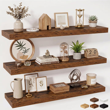 Floating Shelves Set of 3, 40 Inch Long Wooden Wall Shelves, 10 Inch Deep Wall Mounted Storage Shelf with Metal