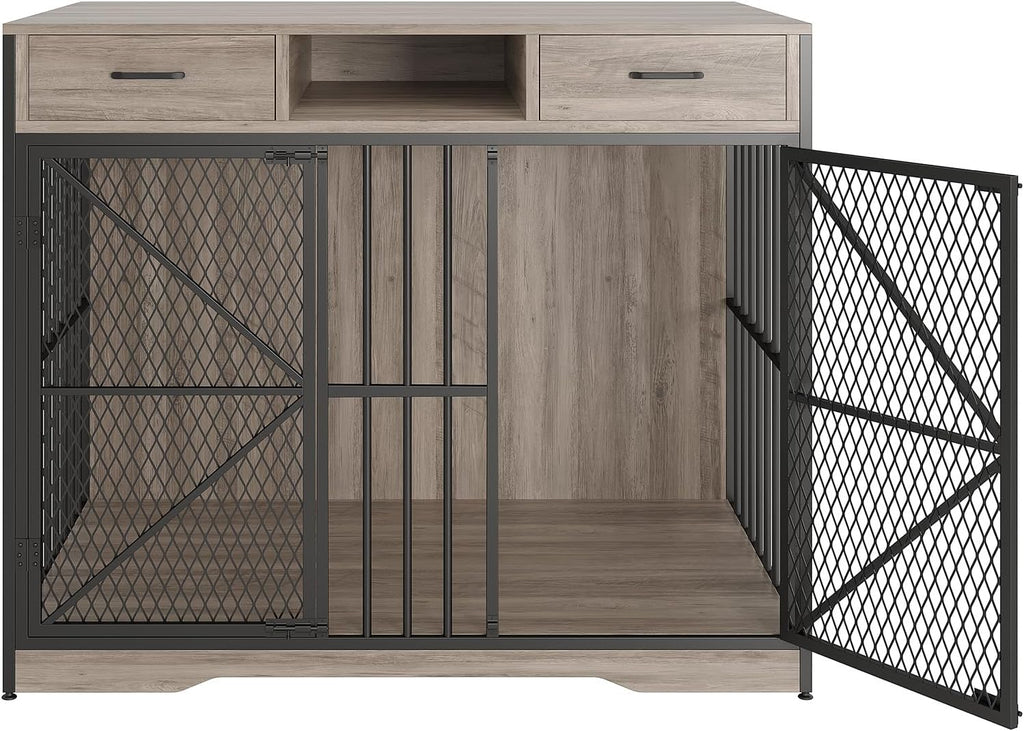 44 Inch Dog Crate Furniture with Drawers and Open Storage, Heavy Duty Indoor Dog Kennel with Double Doors, Furniture