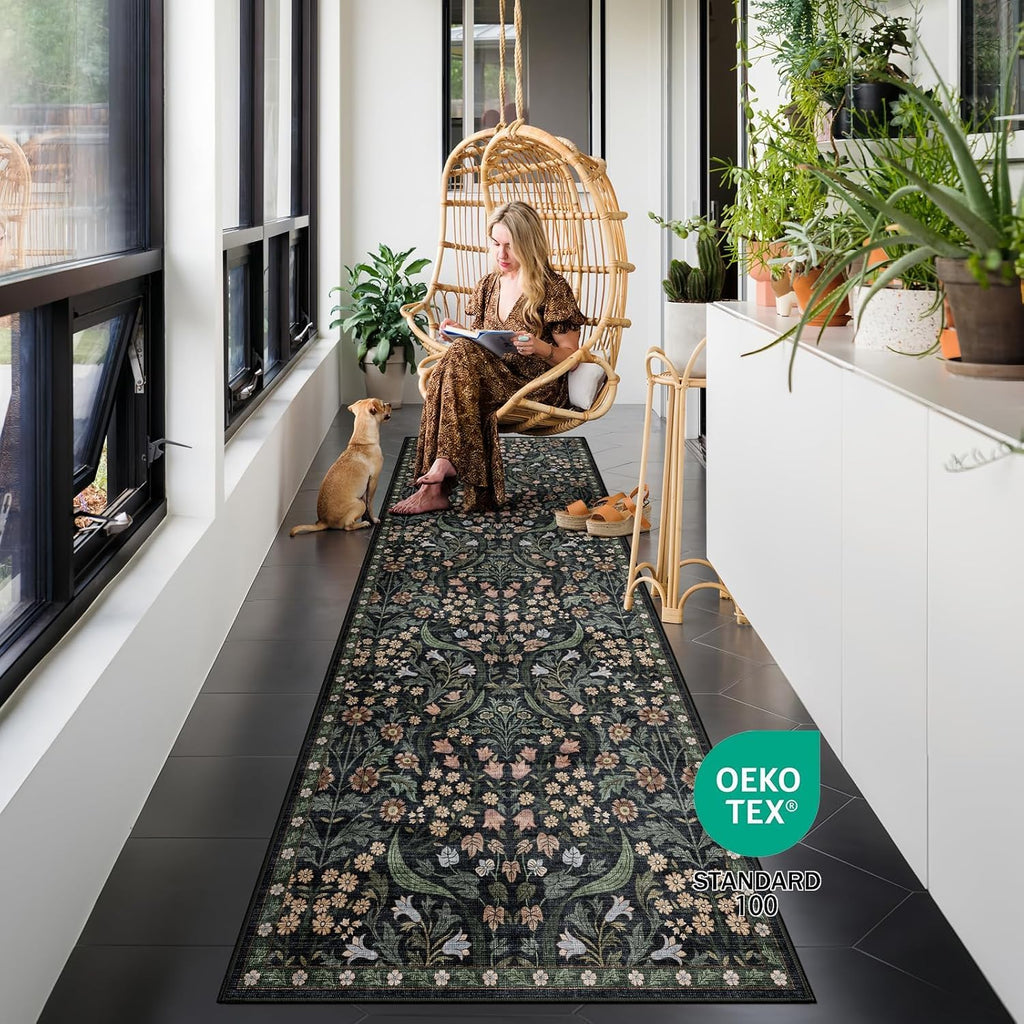 Washable Runner Rug Black Boho Floral Kitchen Bedroom