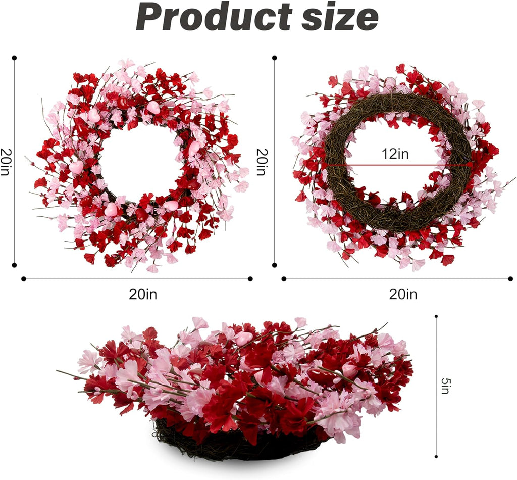 20 Inch Valentine's Day Wreath, Valentines Day Wreaths for Front Door, Valentine Day Wreath with Red Berries and Pink