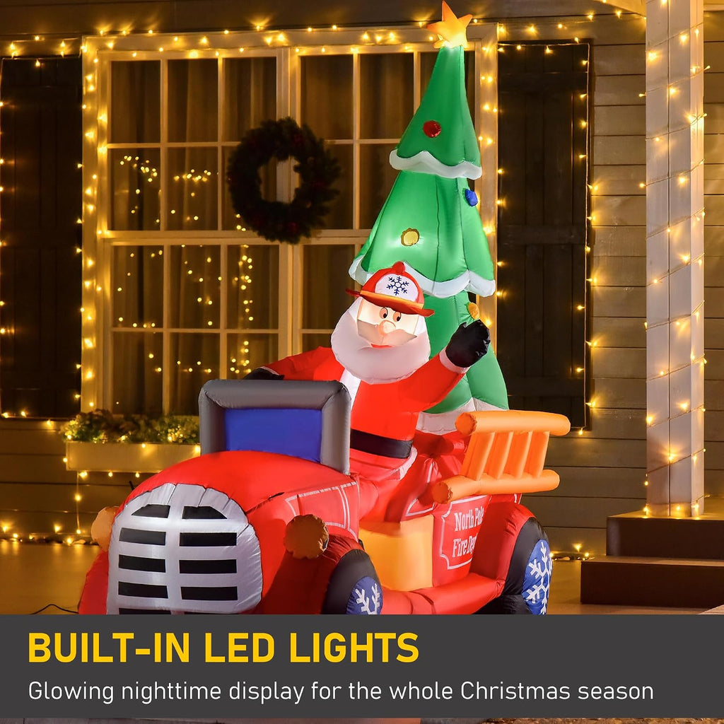 7.5ft Christmas Inflatable Santa Claus Driving Fire Truck with Tree