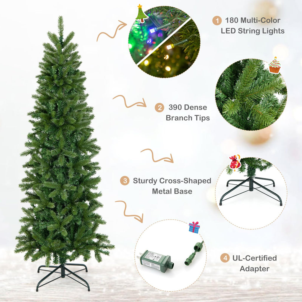5FT Pre-Lit Artificial Christmas Tree with 390 Tips, 180 LED Lights, 10 Lighting Modes, Hinged Slim Pencil Xmas Tree