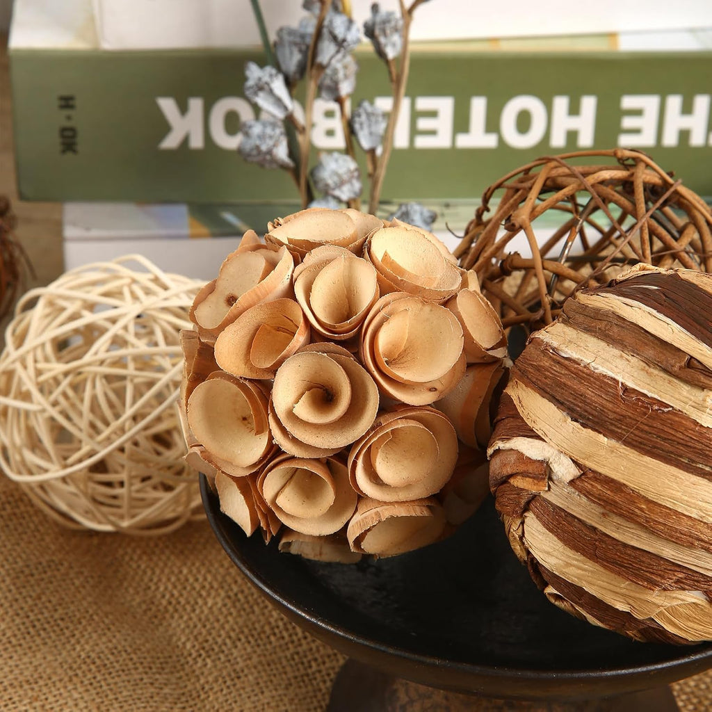 Decorative Bowl & Vase Filler Balls Decor PCS Natural Tone Rattan Wicker Balls Centerpieces Decoration - Set of 6