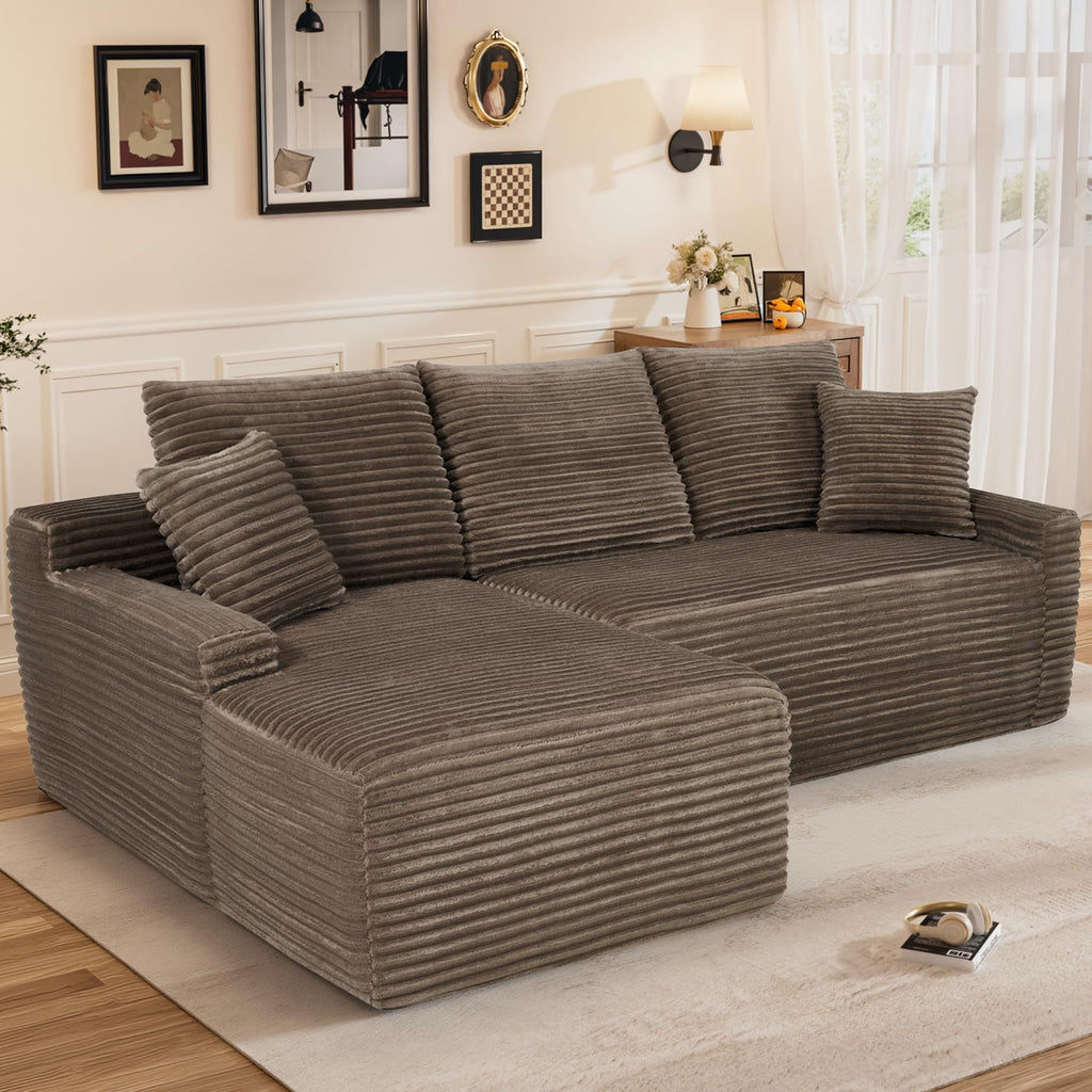 85" L Shaped Cloud Boneless Sectional Couches, Modern Comfy Modular Deep Seat Memory Foam Compressed Corduroy Sofa