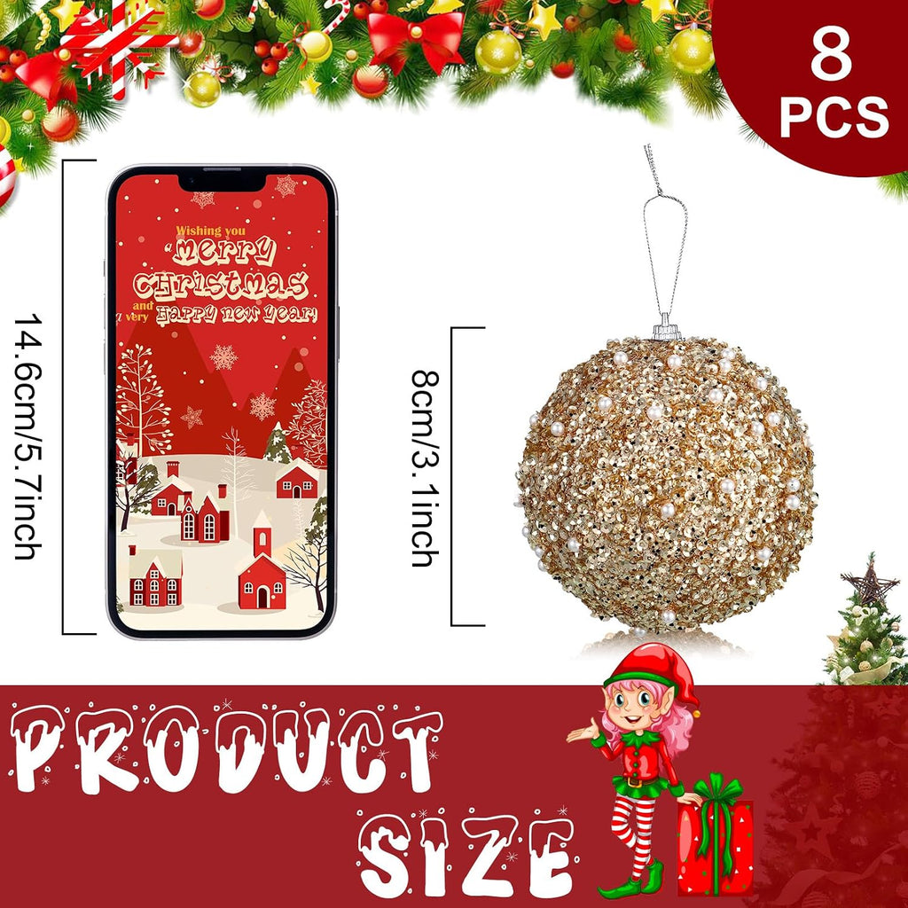 8 Pcs Christmas Ball Ornaments Glitter Sequin, Champagne, 3.15 Inch