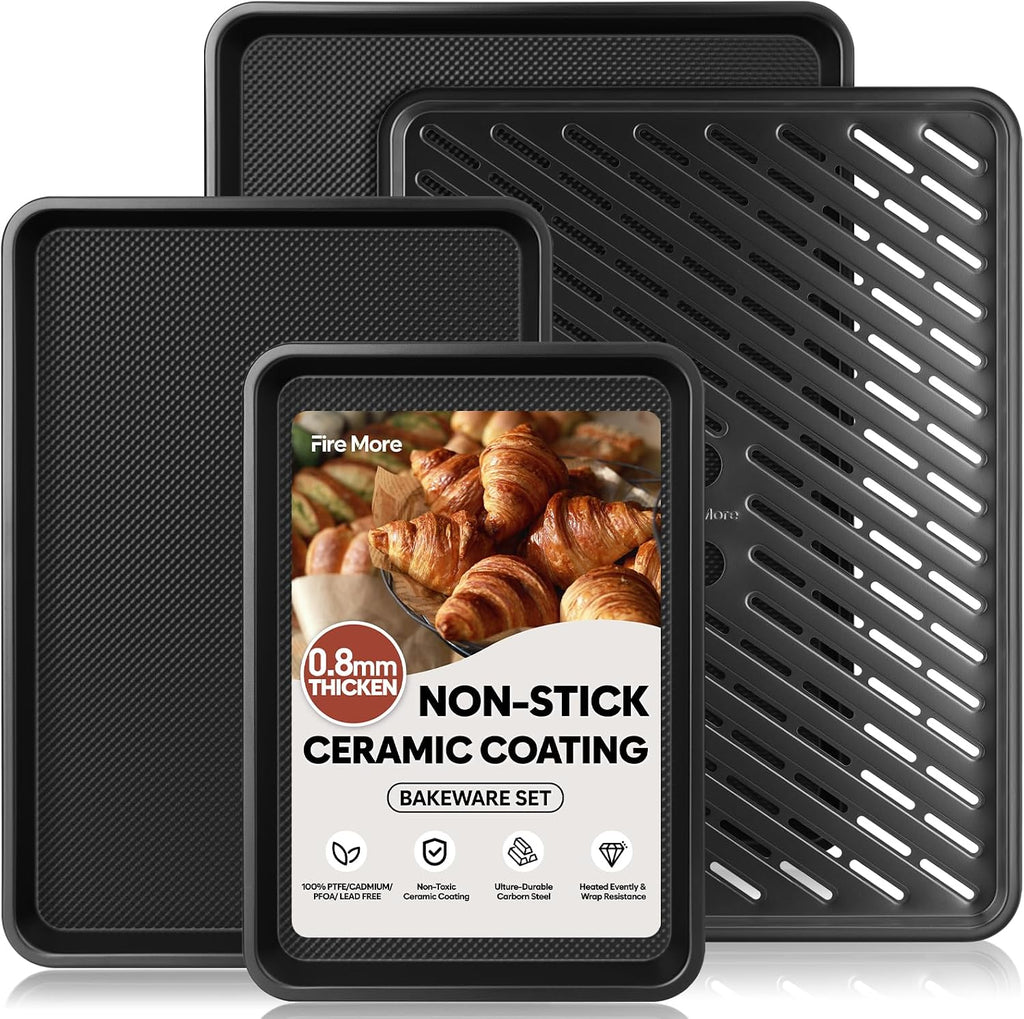 Nonstick Sheet Set with Cooling Rack, 4-Piece Cookie Sheets for , 0.8mm Heavy Duty Carbon Steel Oven Pans, Ceramic