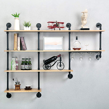 4-Tiers 63inch Industrial Pipe Shelving, Rustic Wooden&Metal Floating Shelves, Home Decor Shelves Wall Mount with Wine