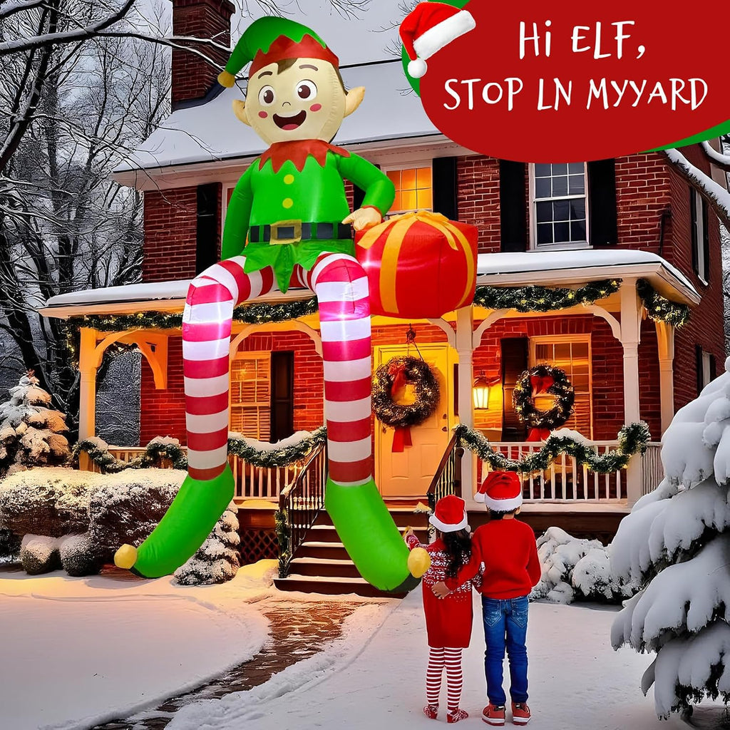 8 FT Christmas Inflatable Outdoor Decorations, Sitting Elf Holding Gift Bag Blow Up Christmas Decorations with