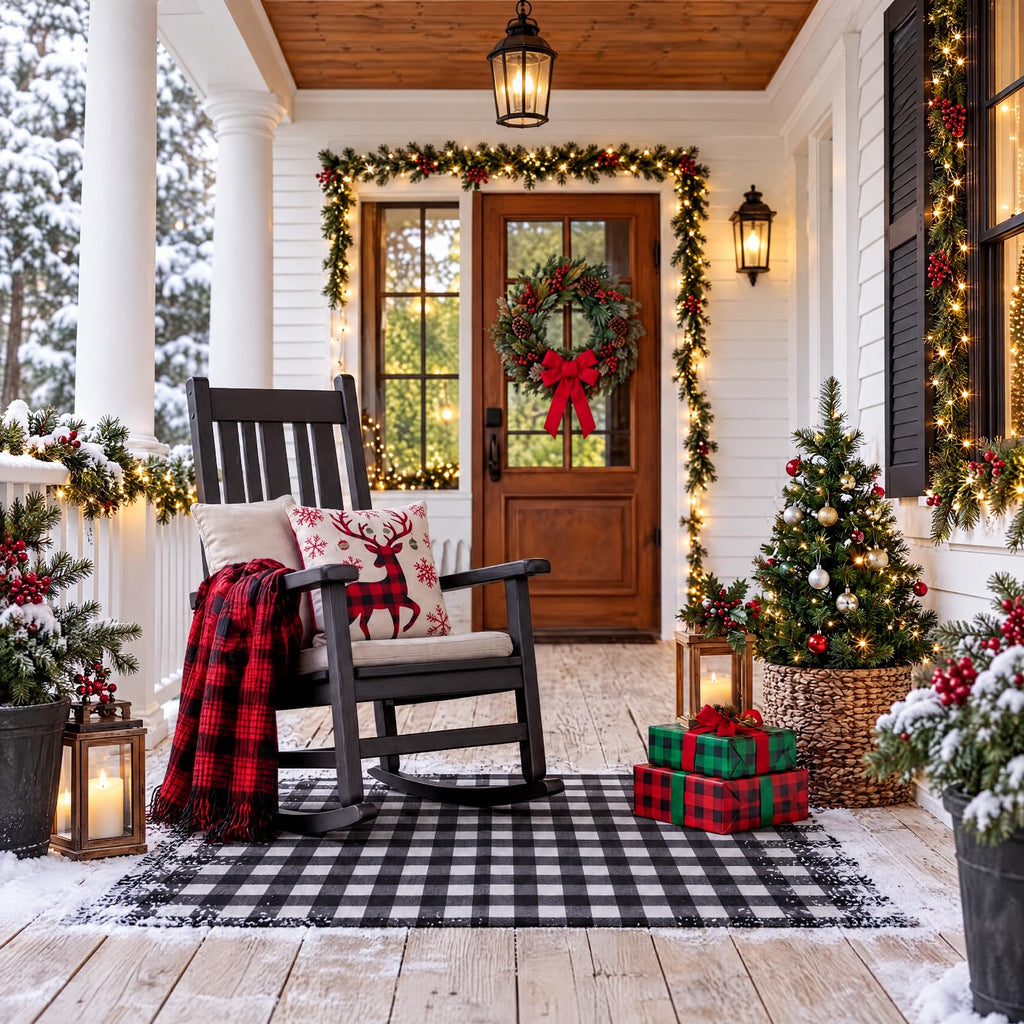4' x 6' Christmas Outdoor Rug, Plaid Buffalo, Black and White