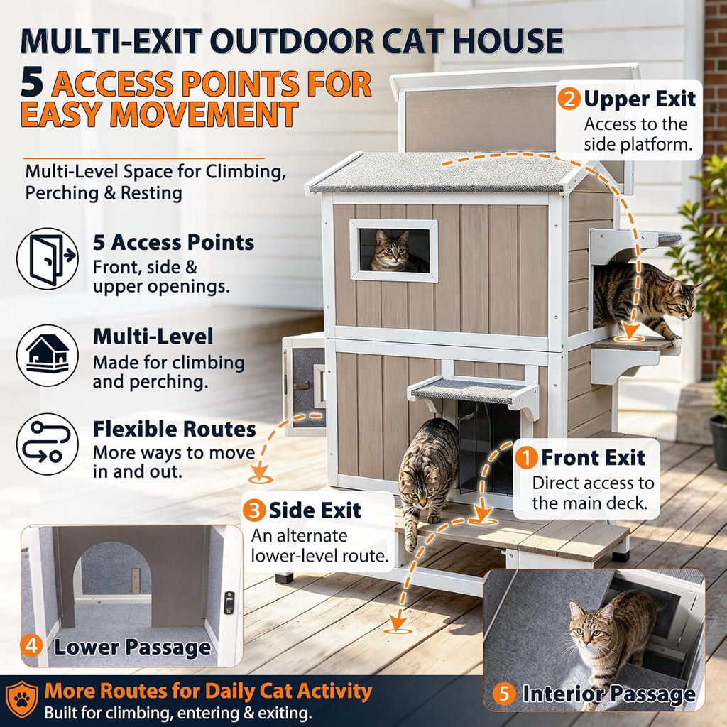 Outdoor Wooden Cat House for 2-3 Cats Weatherproof Cat Shelter with Waterproof Asphalt Roof, Multi Escape Doors