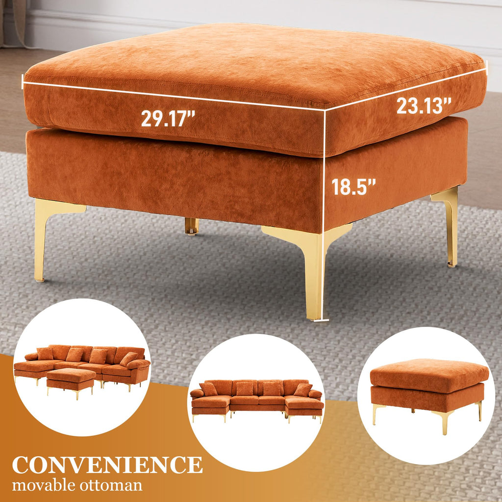 114" U-Shaped Velvet Sectional Couch with Ottoman, Orange