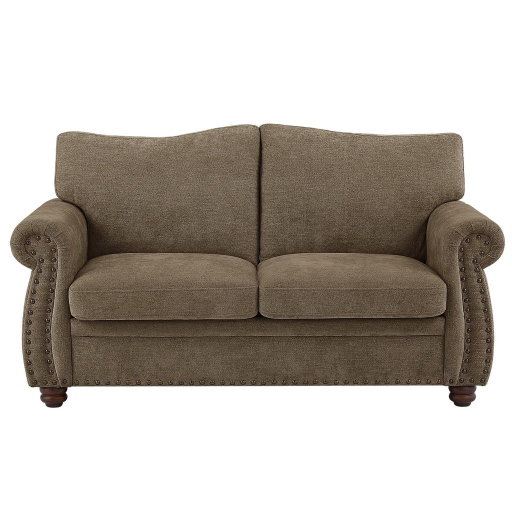 Nailhead Sofa, 66 Inch Small Chenille Couch with Rolled Arms, Brown