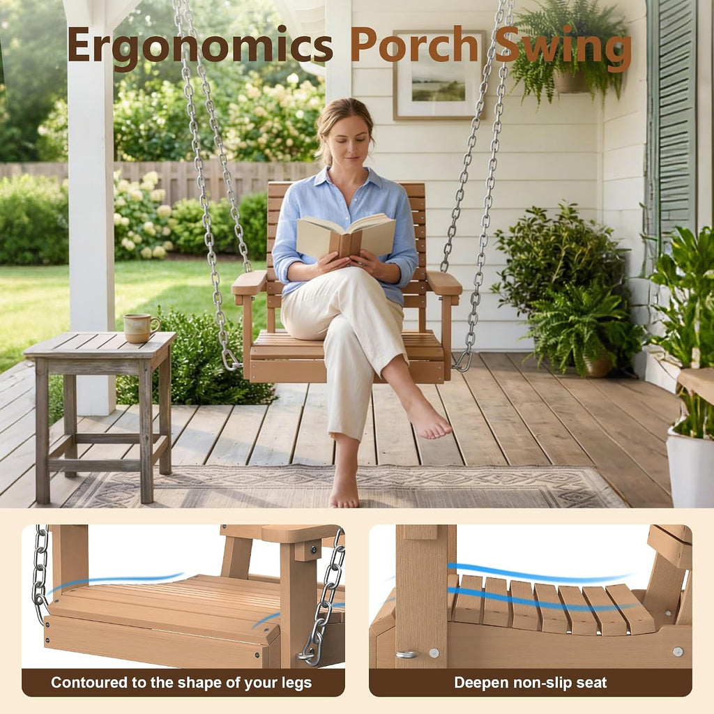 HDPE Single Hanging Porch Swing, 360 LBS Outdoor Swing Chair, Teak | Wood-Look Finish, All-Weather & Fade Resistant