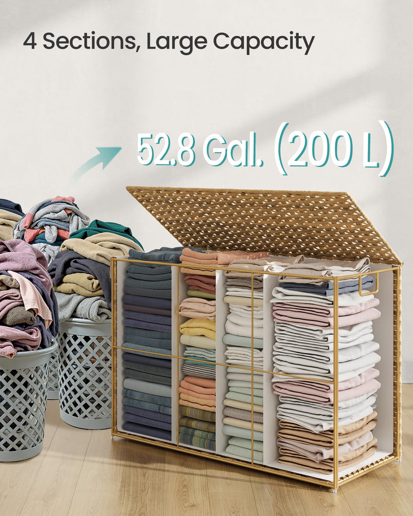 Laundry Hamper with Lid, 200L 4-Section Wicker Basket, 6 Mesh Bags