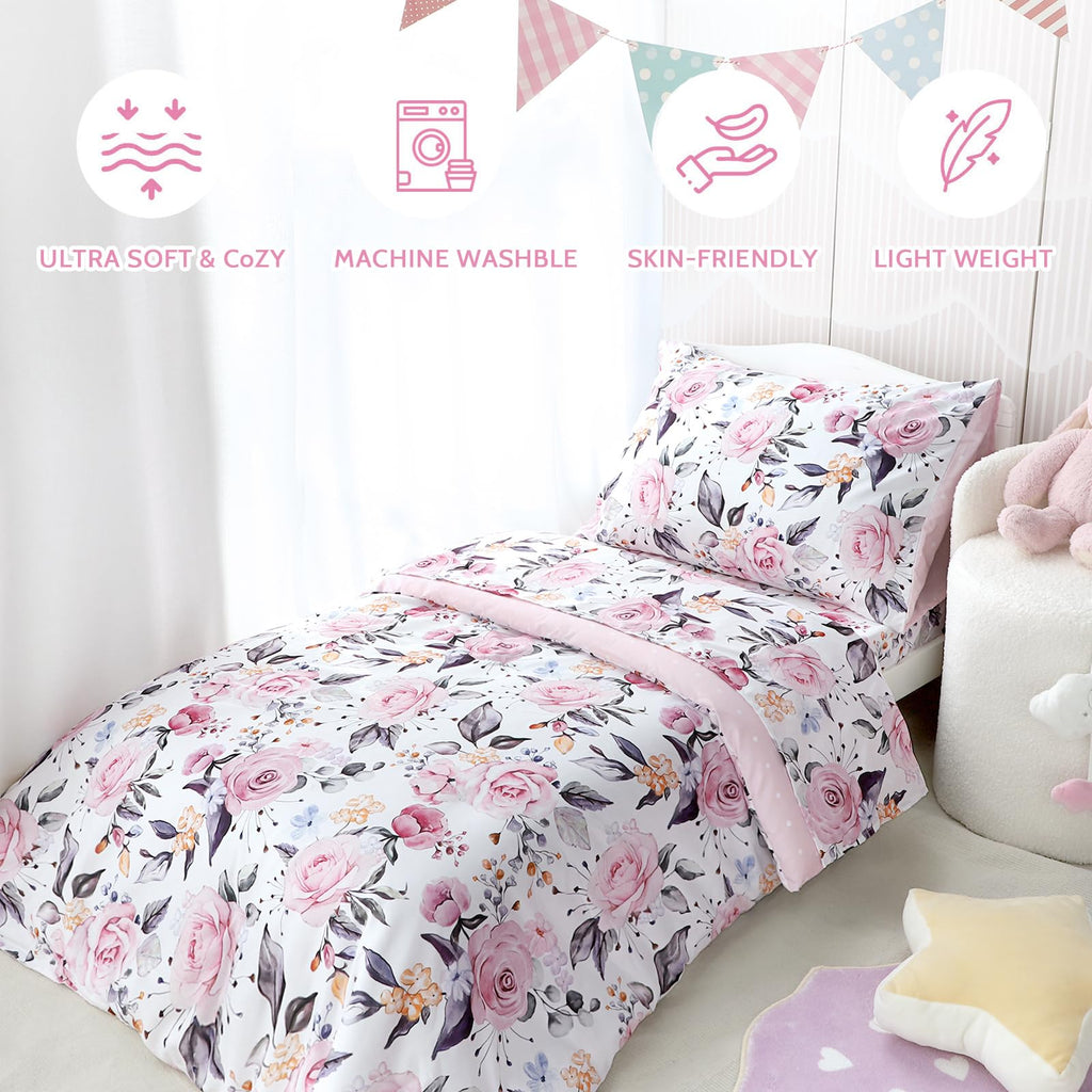 Toddler Bedding Set for Girls, 4 Piece Soft & Breathable Floral Crib Bedding Set, Bed-in-A-Bag Toddler Microfiber