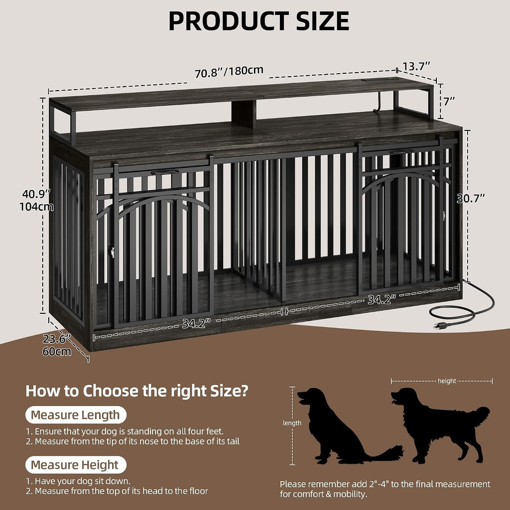 Double Dog Crate Furniture with Power Outlets & LED Light