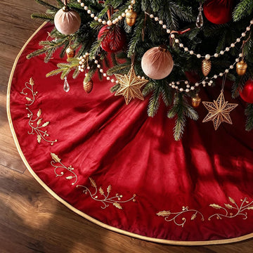 Christmas Tree Skirt, 48 inches Red Luxury Velvet Plush Fur Skirts with Gold Embroidered Holly Leaf for Rustic Xmas