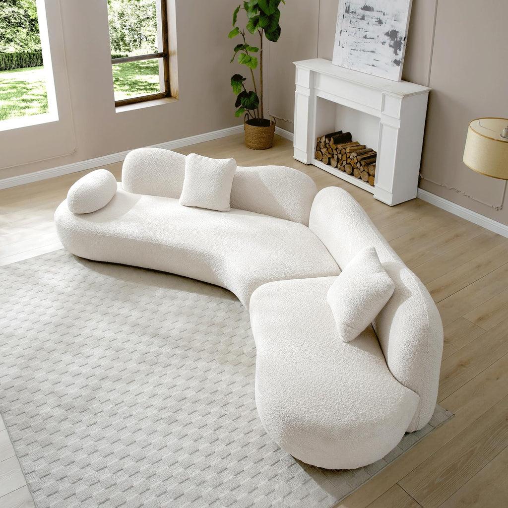 128 Inch White Oversized Curved Boucle Modular Sectional Sofa, 5-Seater