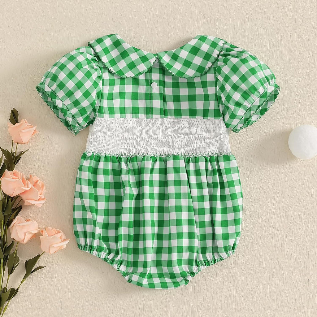 Baby Girl Smocked Bubble Romper Golf Embroidery Short Sleeve Peter Pan Collar Bodysuit Newborn Summer Clothes