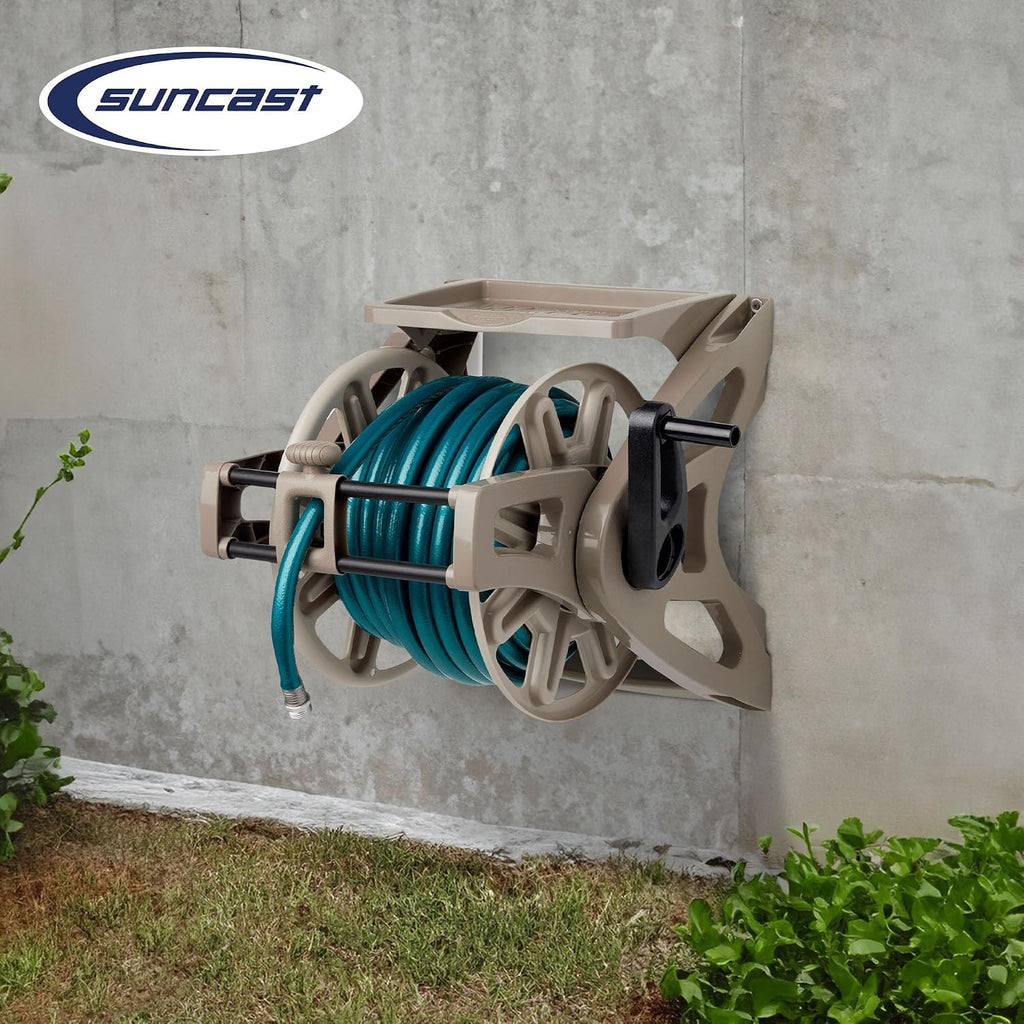 Slide Trak Garden Hose Reel, Wall-Mount Holder with Storage Tray, Dark Taupe - Outdoor Mounted Organizer for 175 Ft