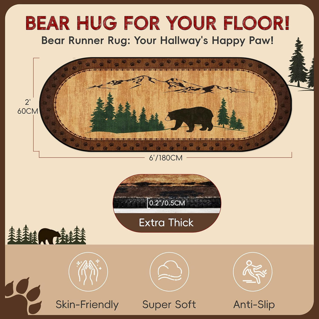 Bear Runner Rug 2x6 Oval, Rustic Cab Rug, Washable Non Slip
