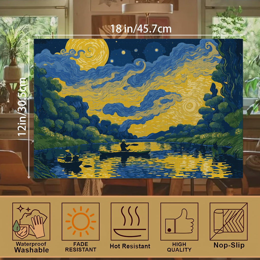 Van Gogh Style Watercolor Painting Placemats, 12 x 18 inch, Linen Table Runner Kitchen Dining Room Decor Holiday