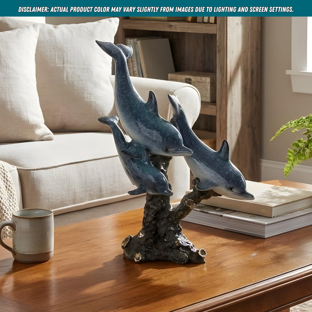 Dolphin Statue - Triple Dolphins Swimming Figurine Coastal Home Decor Tabletop Collection (Aqua)