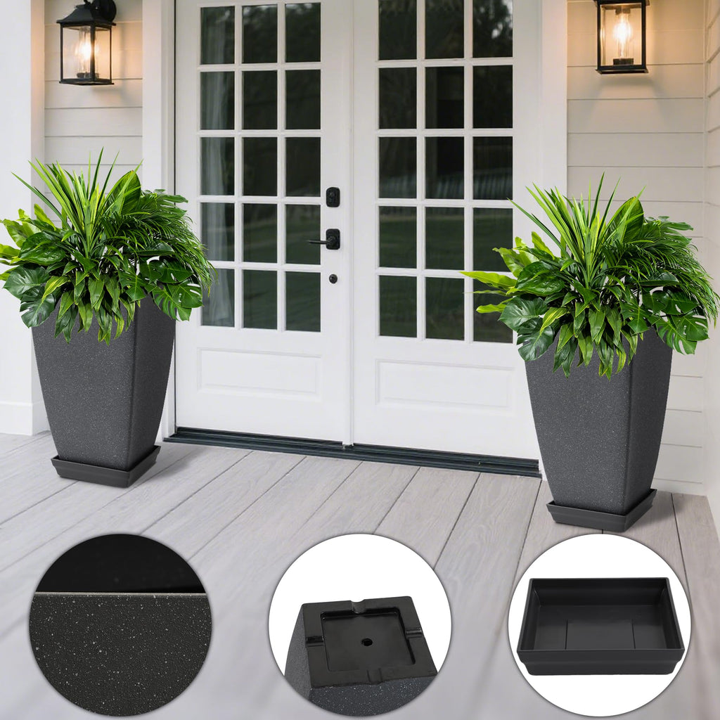 Set of 2 Tall Planter, 21 inch Large Plastic Planter, Cement Gray